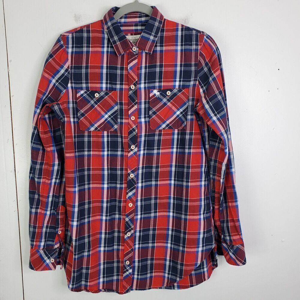Abercrombie Fitch Button Down Shirt Plaid Mens M Red Blue Y2K Preppy Preppy - Picture 1 of 9